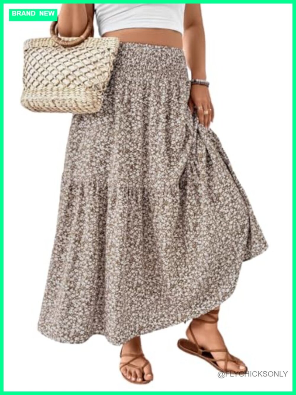 Plus Size Maxi Skirt Smocked High Waist Floral A-Line with Pockets